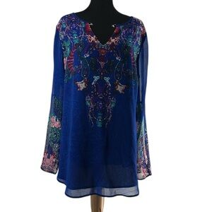 Joseph Ribkoff blouse Damascus pattern blue floral v neck top flattering sz 12